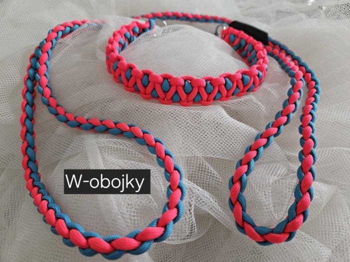 Sada obojku a vodítka - barva růžová neon + tyrkysově modrá