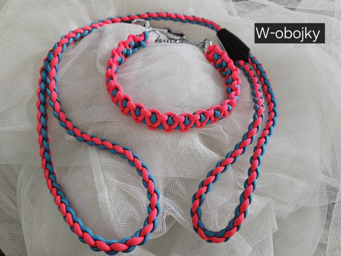 Sada obojku a vodítka - barva růžová neon + tyrkysově modrá