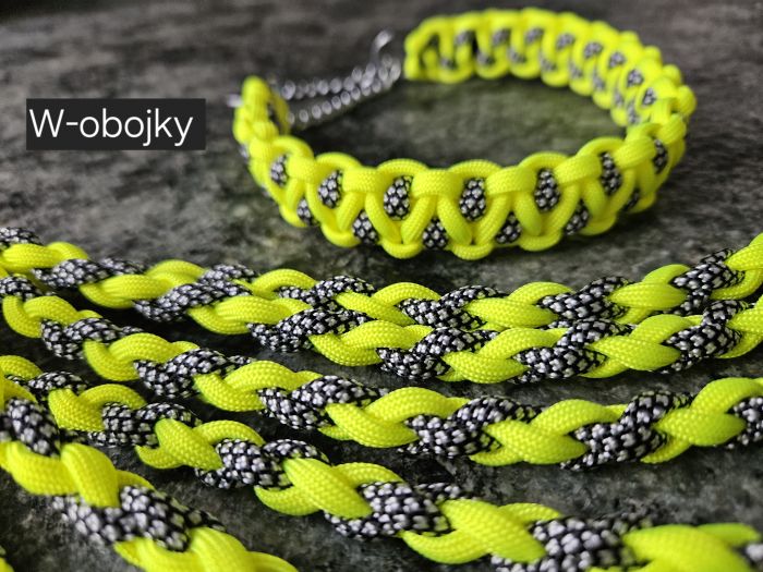 Sada obojku a vodítka - barva žlutá neon + stříbrná diamant 