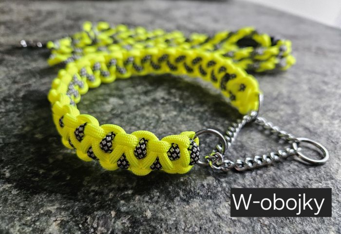 Sada obojku a vodítka - barva žlutá neon + stříbrná diamant 