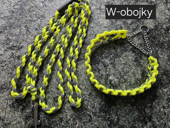 Sada obojku a vodítka - barva žlutá neon + stříbrná diamant 