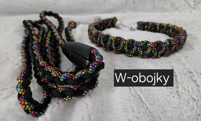 Sada obojku a vodítka - barva Duhový diamant + černá 