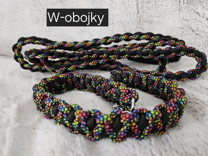 Sada obojku a vodítka - barva Duhový diamant + černá 